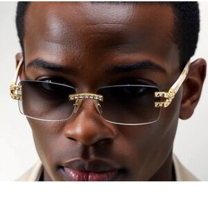 Rhinestone Men Sunglasses Rectangular Clear Lens Trendy Retro Frameless Hip‎ Hop